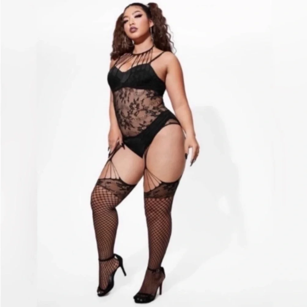 Plus Black Fishnet Bodystocking Lingerie - Picture 3 of 8